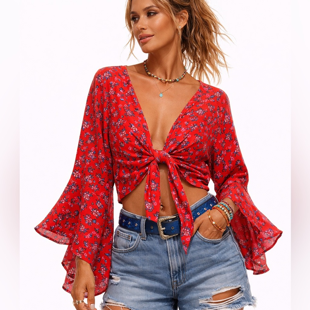 Red Boho Floral Bell Sleeve Wrap Top, Organic Viscose Adjustable Festival Blouse